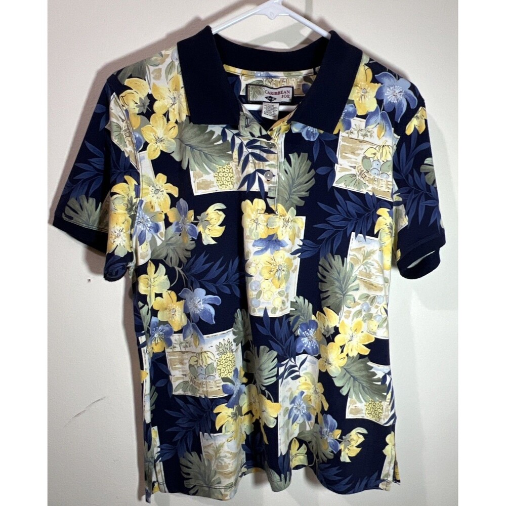 Caribbean Joe Men Hawaii Polo Shirt Golf Size L Tropical Flower Tree Blue Casual